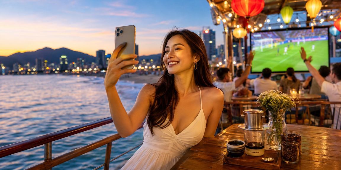 Người dùng xem cá cược bóng đá tại quán cà phê Đà Nẵng trên điện thoại