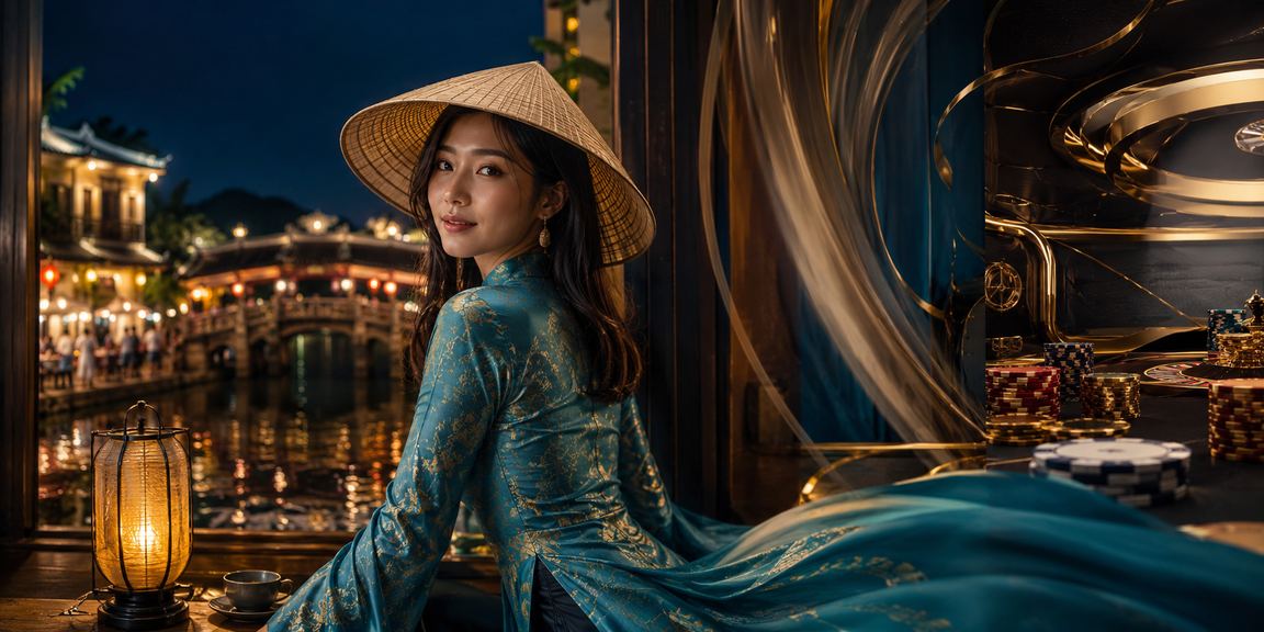 Người phụ nữ mặc áo dài trải nghiệm casino trực tuyến tại Hội An