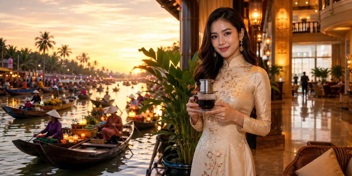 Người chơi sử dụng app 2080 High Roller trên điện thoại tại quán cà phê miền sông Mekong
