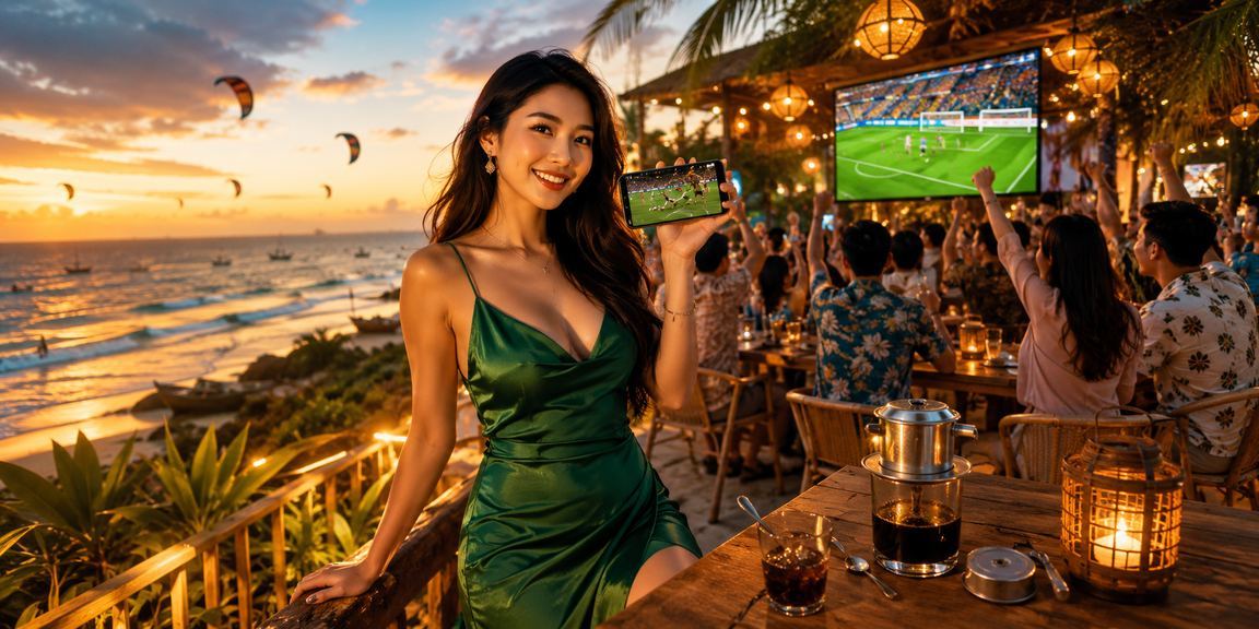 Người dùng kiểm tra trạng thái rút thưởng tại bãi biển Mũi Né với điện thoại